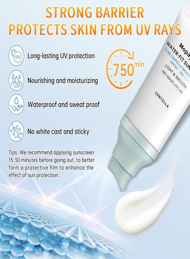 mopayzer Centella Sunscreen SPF 50, Hyalu Cica Sunscreen for Face, Water Resistant Strong UV Protection No White Cast, Madagascar Face Sun Screen Oil Free, Water Fit Sun Serum(Blue 1) - Image 3
